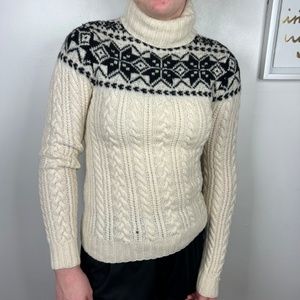 Vintage Ralph Lauren Hand Knit Black and Cream Turtleneck Fair Isle Sweater M